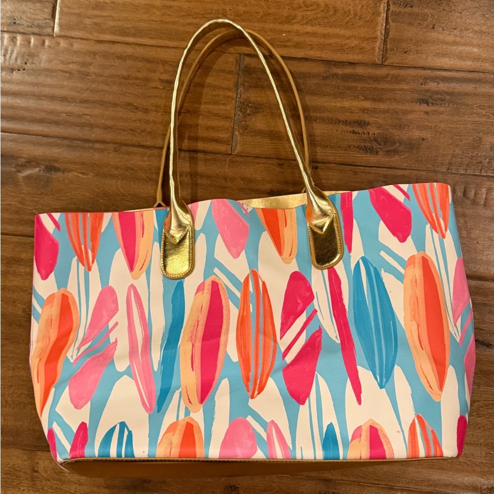 Pappagallo Colorblock Brushstroke Tote in Pink, Blue, Orange with Gold Handles